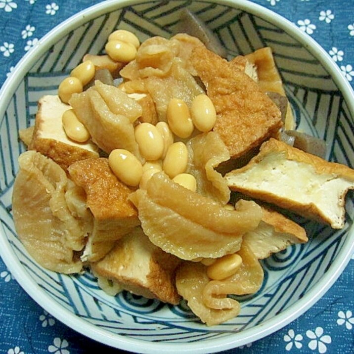 厚揚げと花切り大根と大豆の煮物